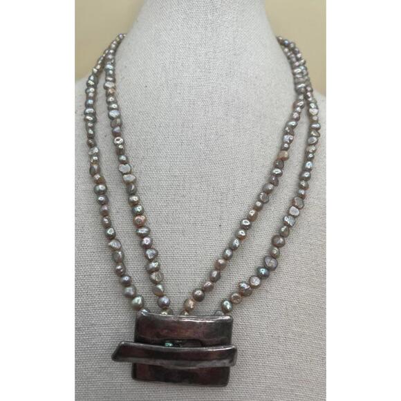 Jewelry - Double Strand Grey Freshwater Pearl Necklace with Modern Sterling Silver Pendant